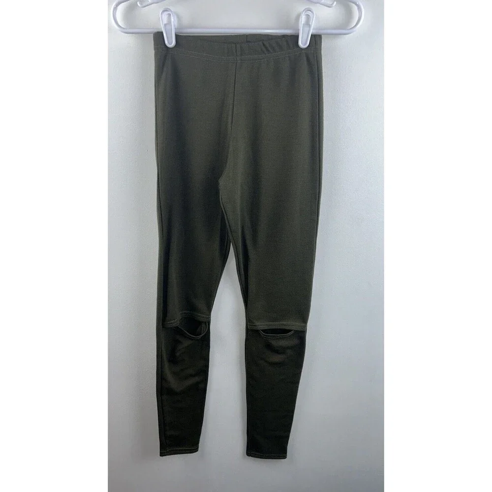 Missguided Sz 6 Pull On Leggings Cut Out Knee Army Green Yoga Stretch Women’s